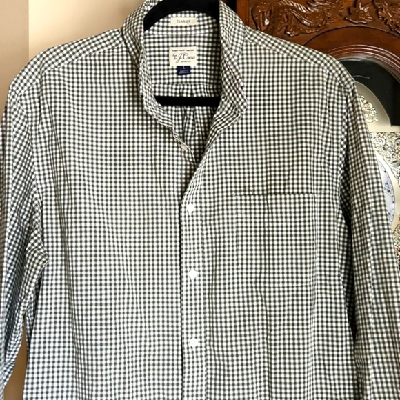 J. Crew, 0253, Olive green classic ghingam man's long sleeve shirt, size L - Picture 2 of 7